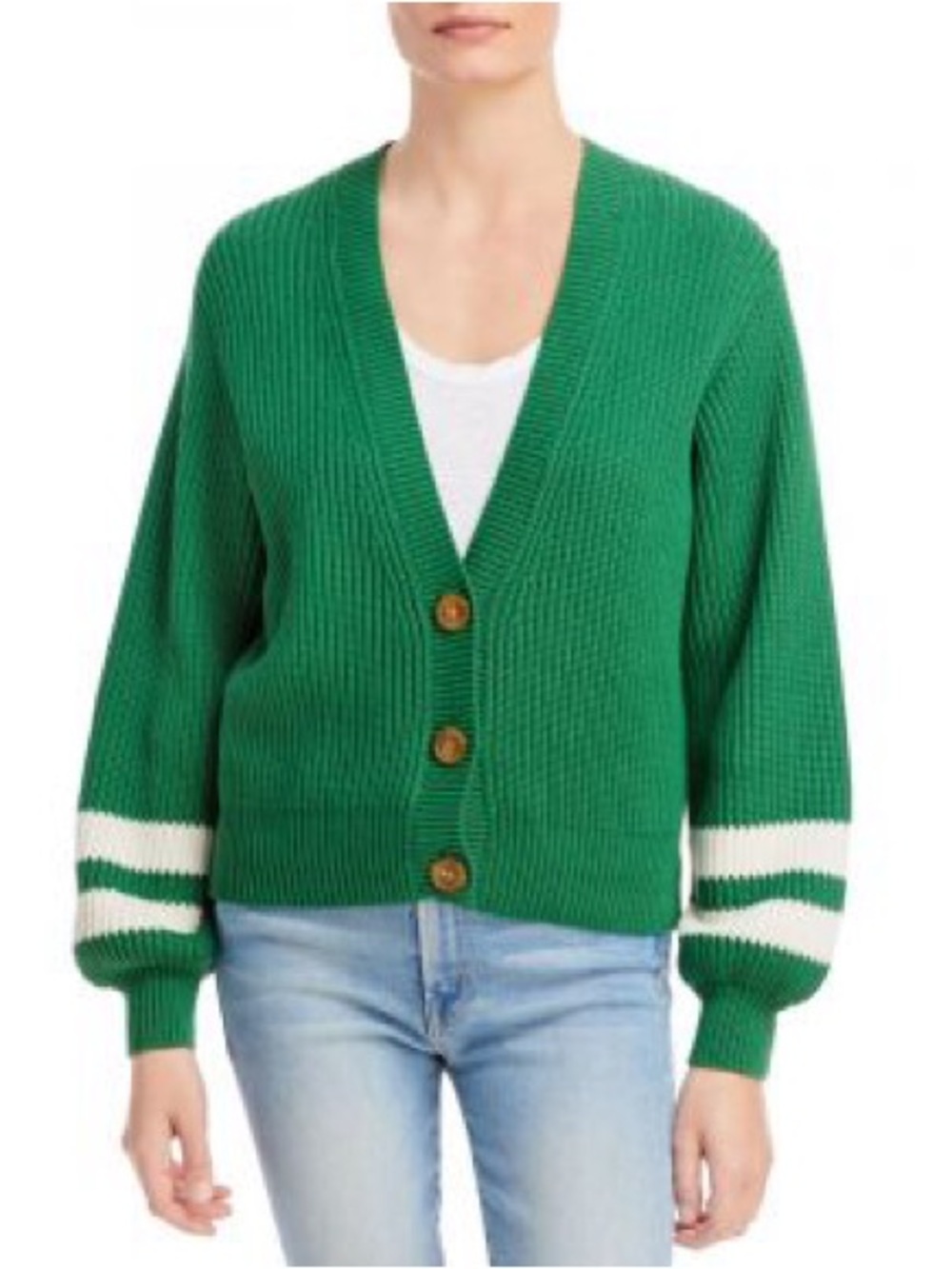 Mother Green Ribbed V-Neck Button Cardigan Sweater